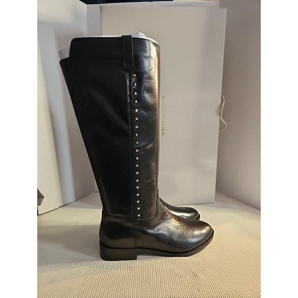 Marc Fisher Black Leather Secrit Wide Calf Studded Riding Boots 8W New - Picture 1 of 9